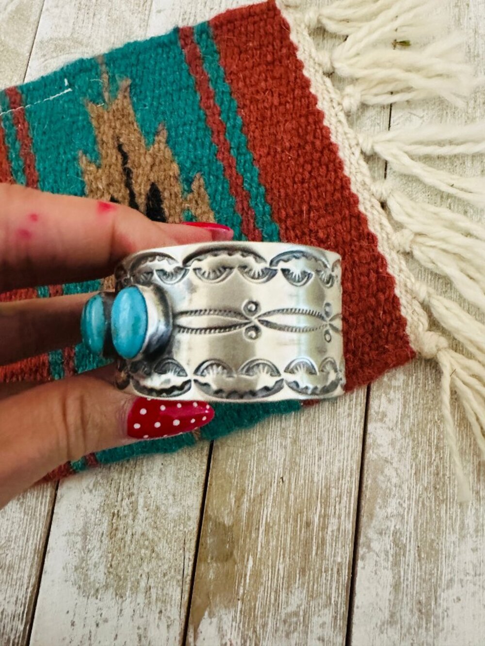 Handcrafted Sterling Silver & Turquoise Cuff Bracelet by Chimney Butte / - Picture 5 of 7